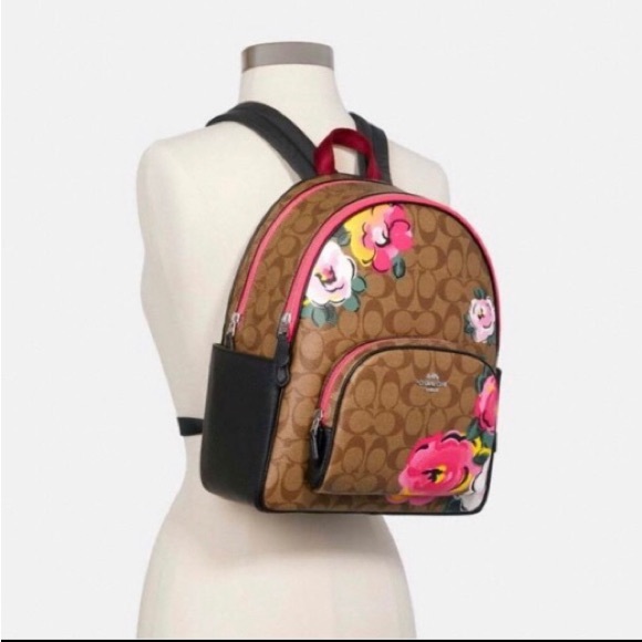 Coach Court Backpack In Signature Canvas With Vintage Rose Print - Picture 3 of 10